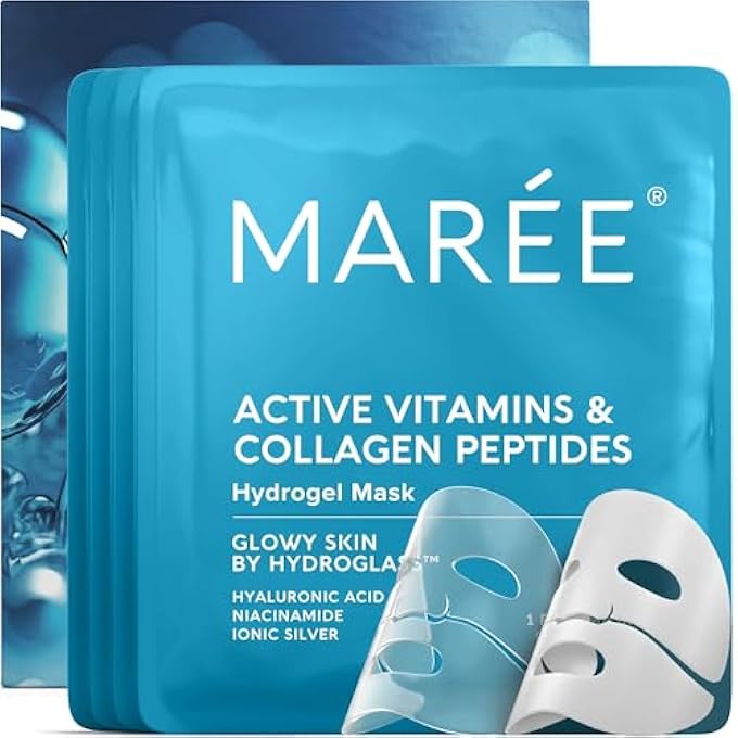 MAREE HYDROGEL COLLAGEN FACIAL MASK WITH HYALURONIC ACID  HYDRATING FACE MASKS SKINCARE  NIACINAMIDE, AMINO ACIDS & RED ALGAE EXTRACT  FACIAL MASKS FOR WOMEN  MASCARILLAS PARA LA CARA  4 COUNT - Image 1